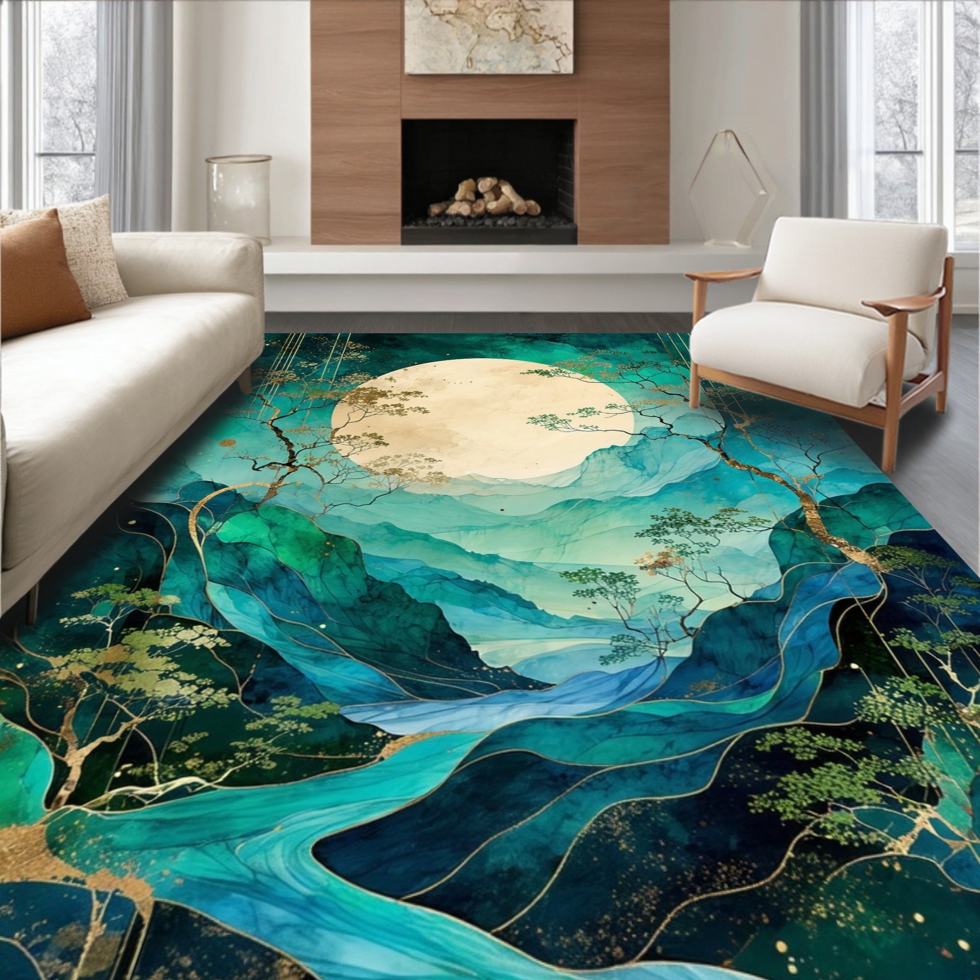 Emerald Gold Abstract Mountain River Scene Rug