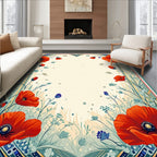Vibrant Red Poppy Floral Border Tile Rug