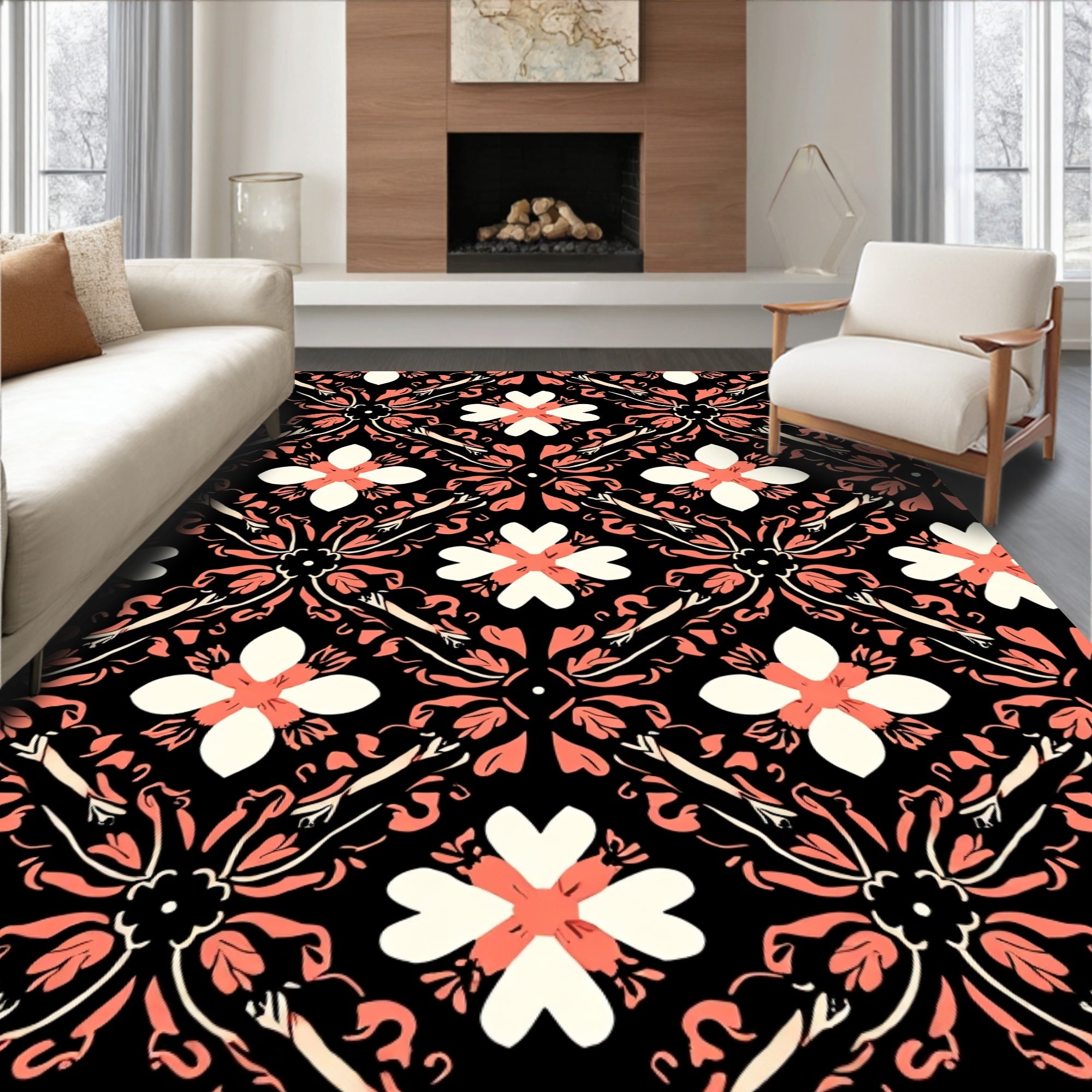 Coral And Ivory Floral Medallion Design Rug