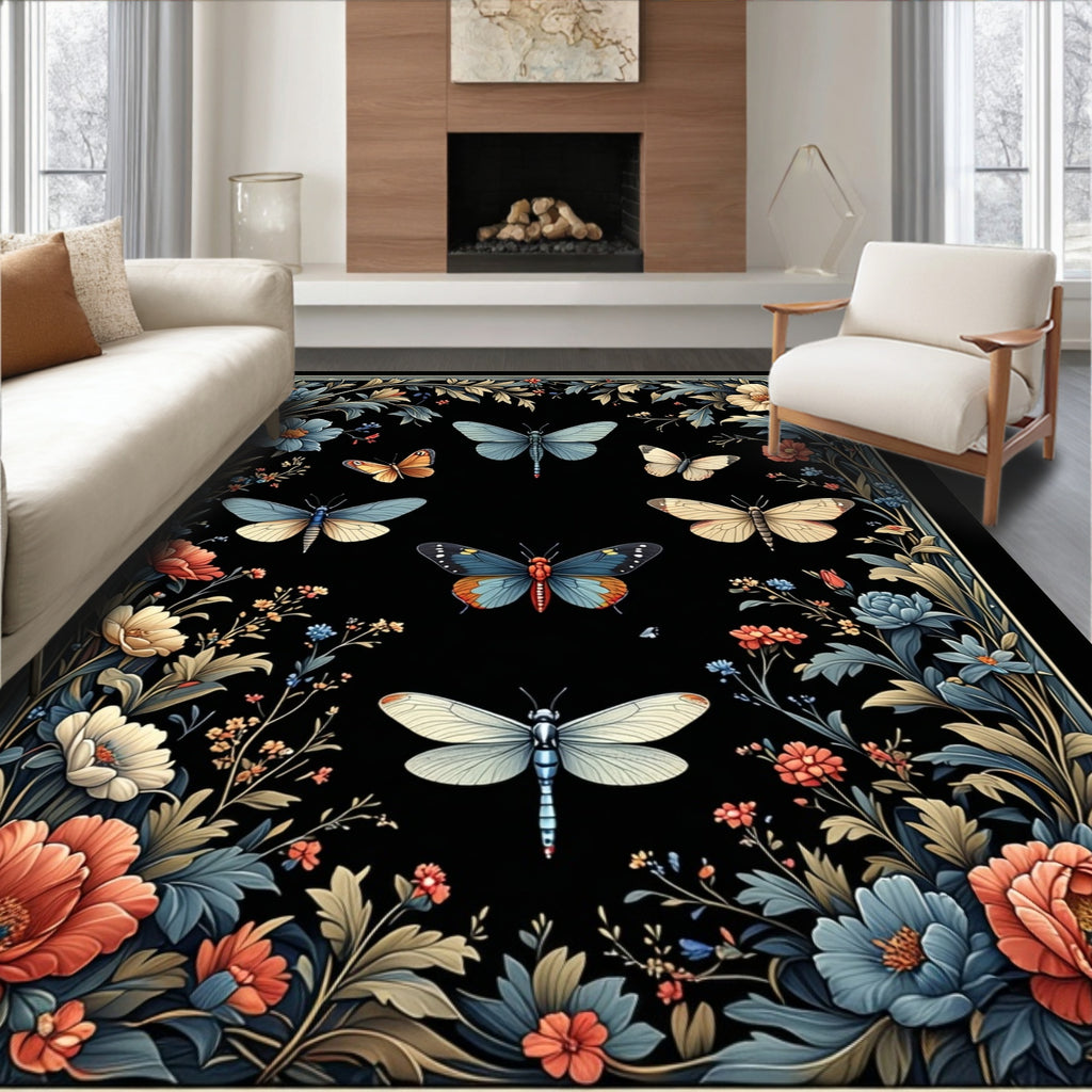 Whimsical Floral Insect Tapestry Pattern Rug