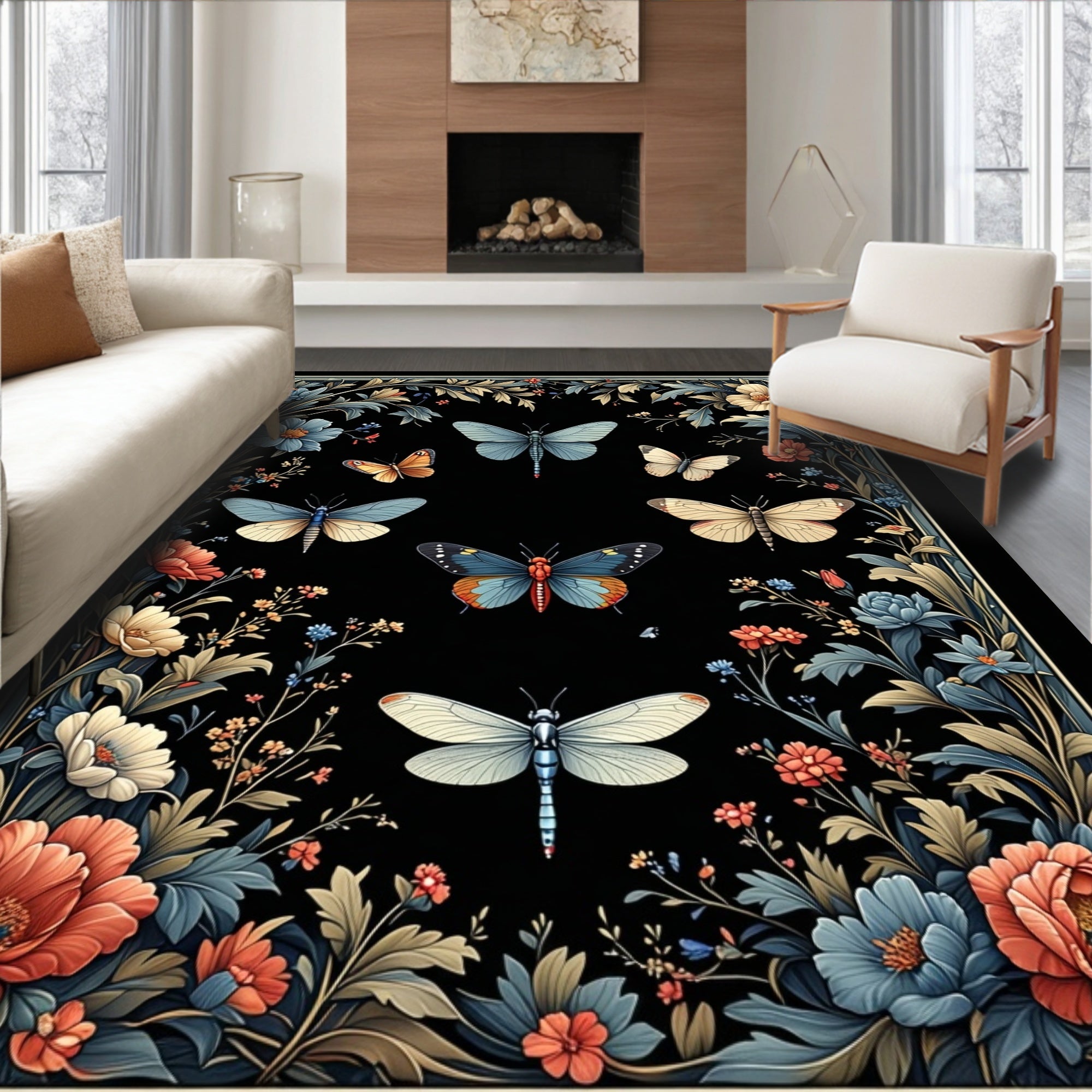 Whimsical Floral Insect Tapestry Pattern Rug