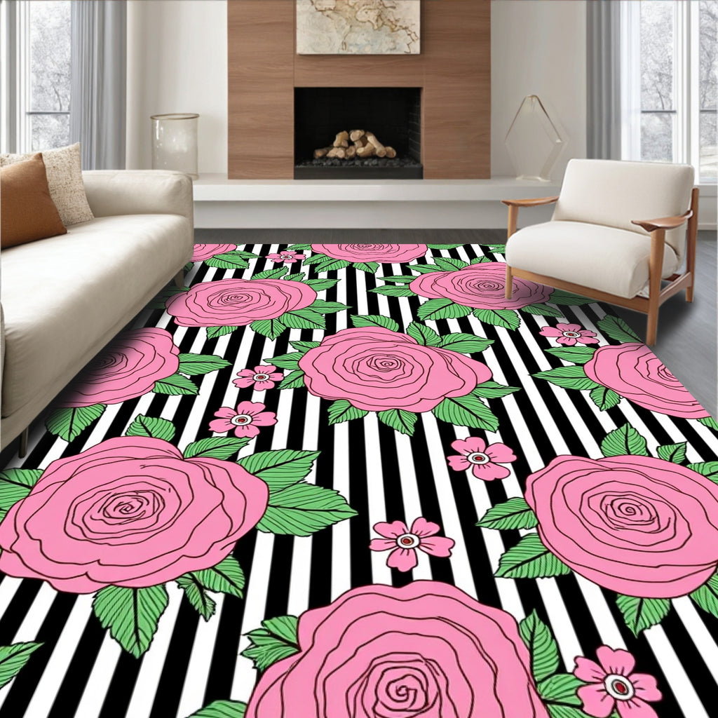 Pink Roses On Black White Stripes Rug
