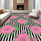 Pink Roses On Black White Stripes Rug