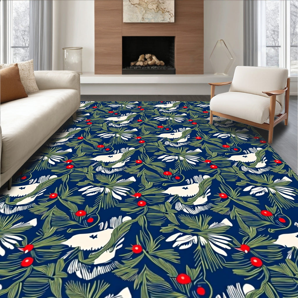 White Birds Red Berry Evergreen Trail Rug