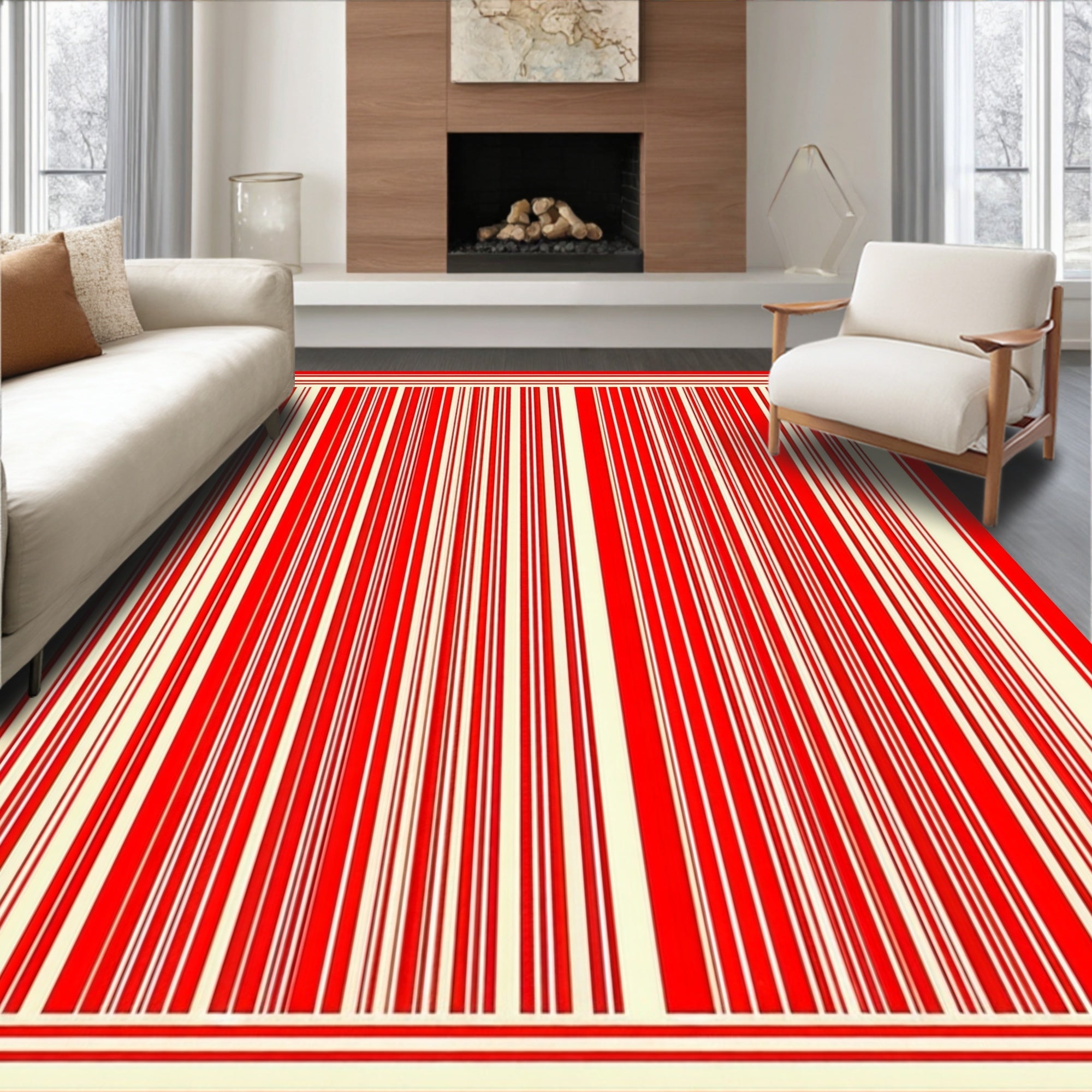 Bold Red White Vertical Stripe Pattern Rug