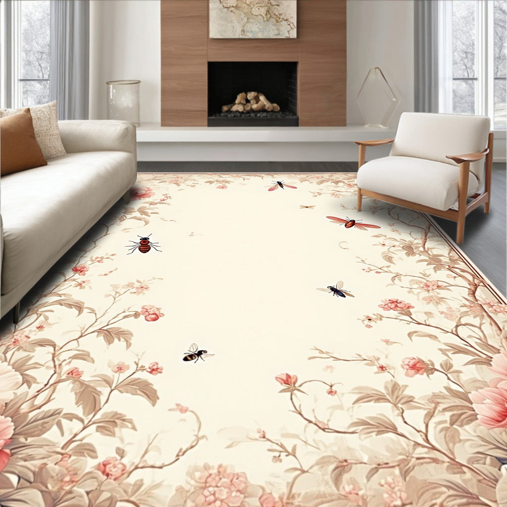 Floral Insect Pattern Cream Rug