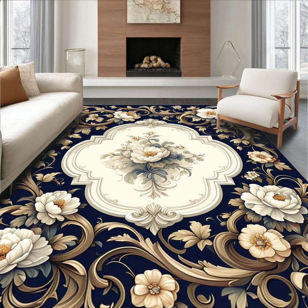 Ornate Floral Navy Swirl Design Rug