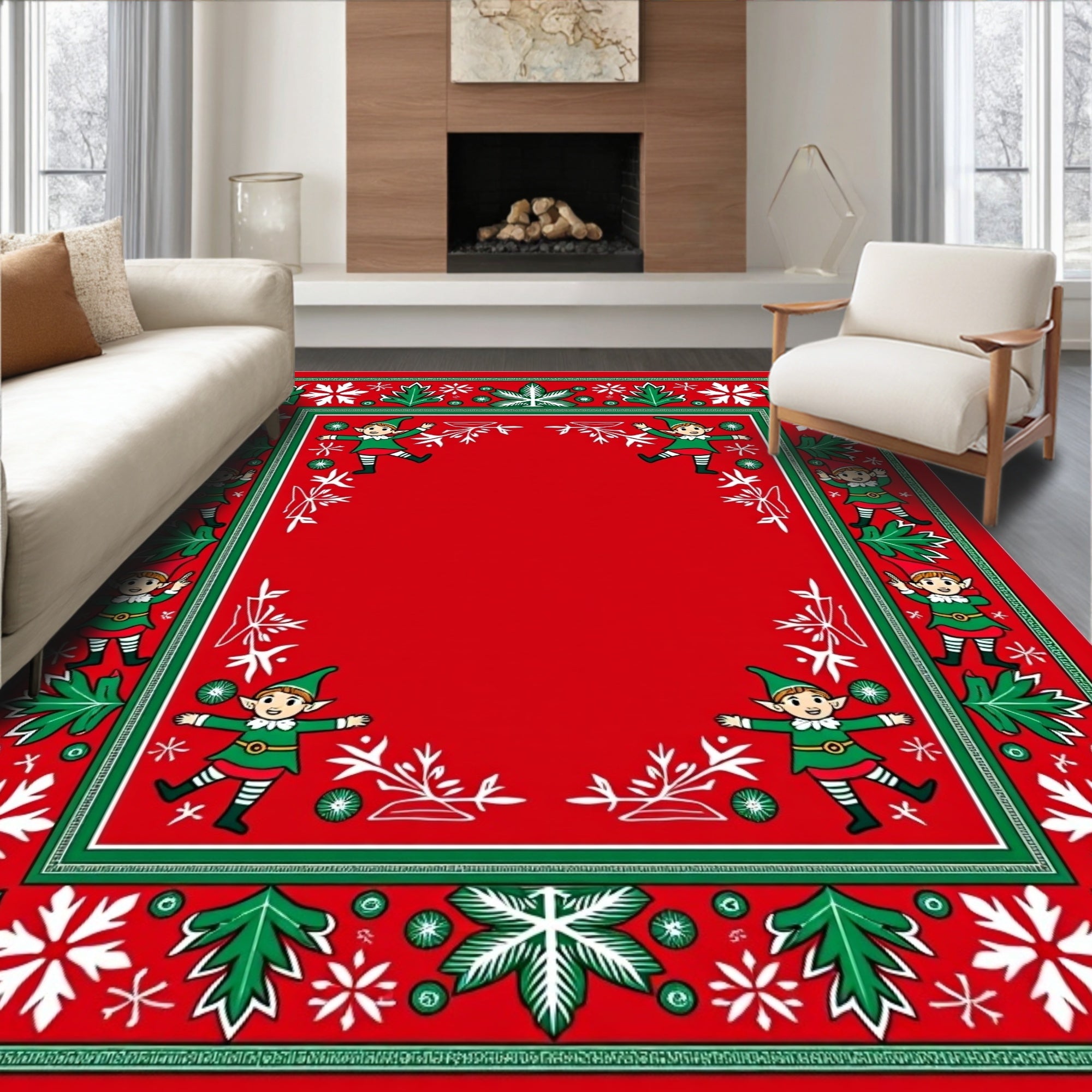 Merry Red Elf Snowflakes Border Rug