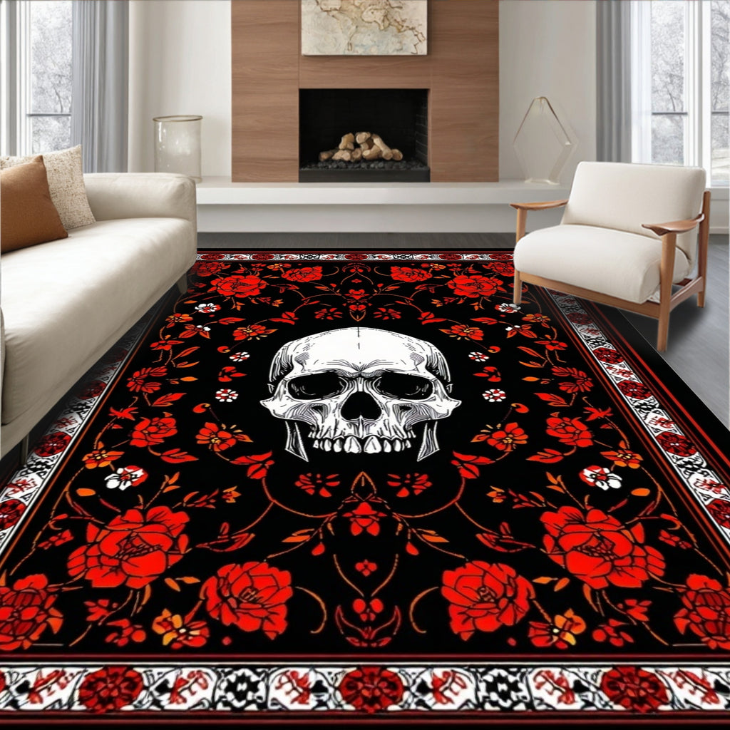 Gothic Red Rose Skull Pattern Rug