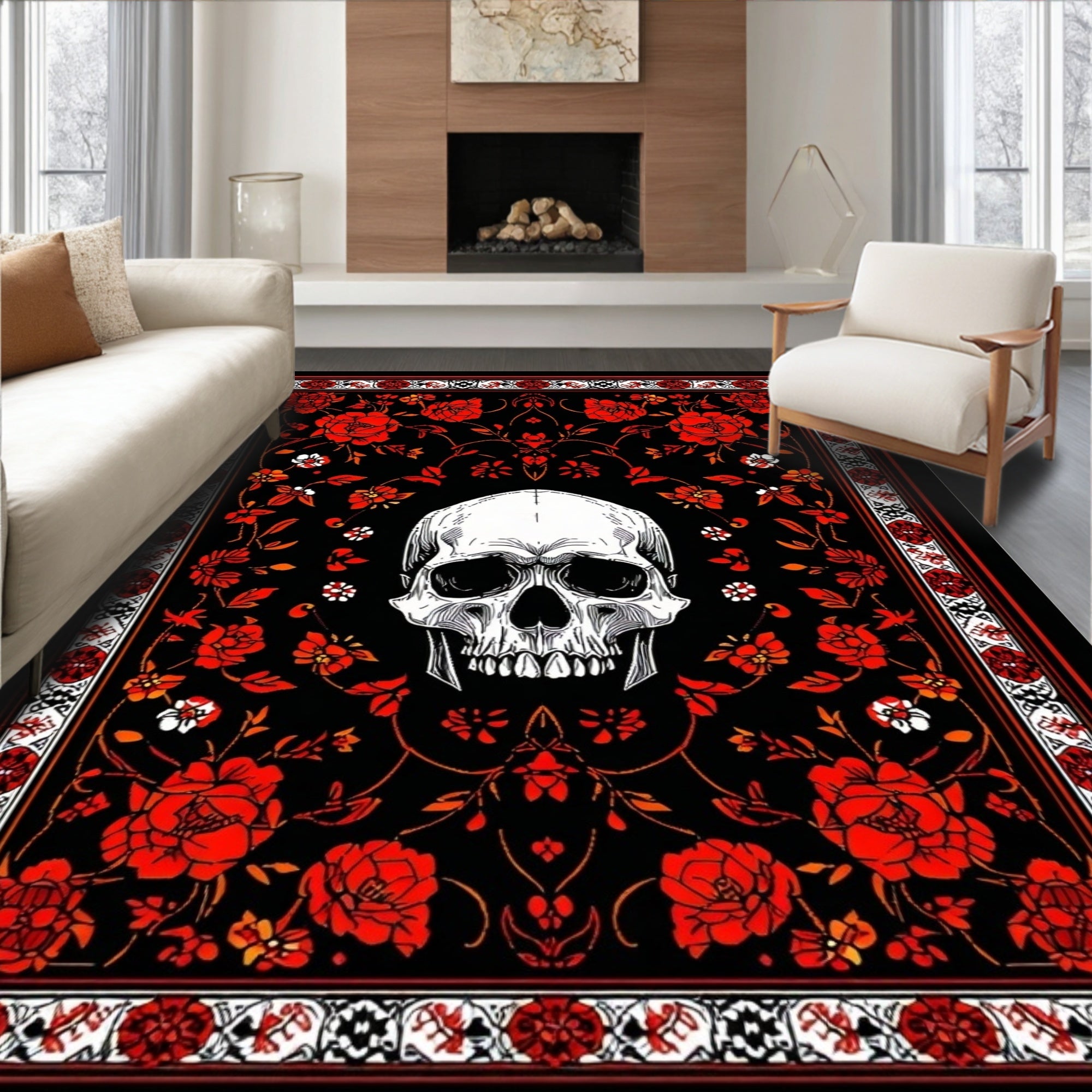 Gothic Red Rose Skull Pattern Rug