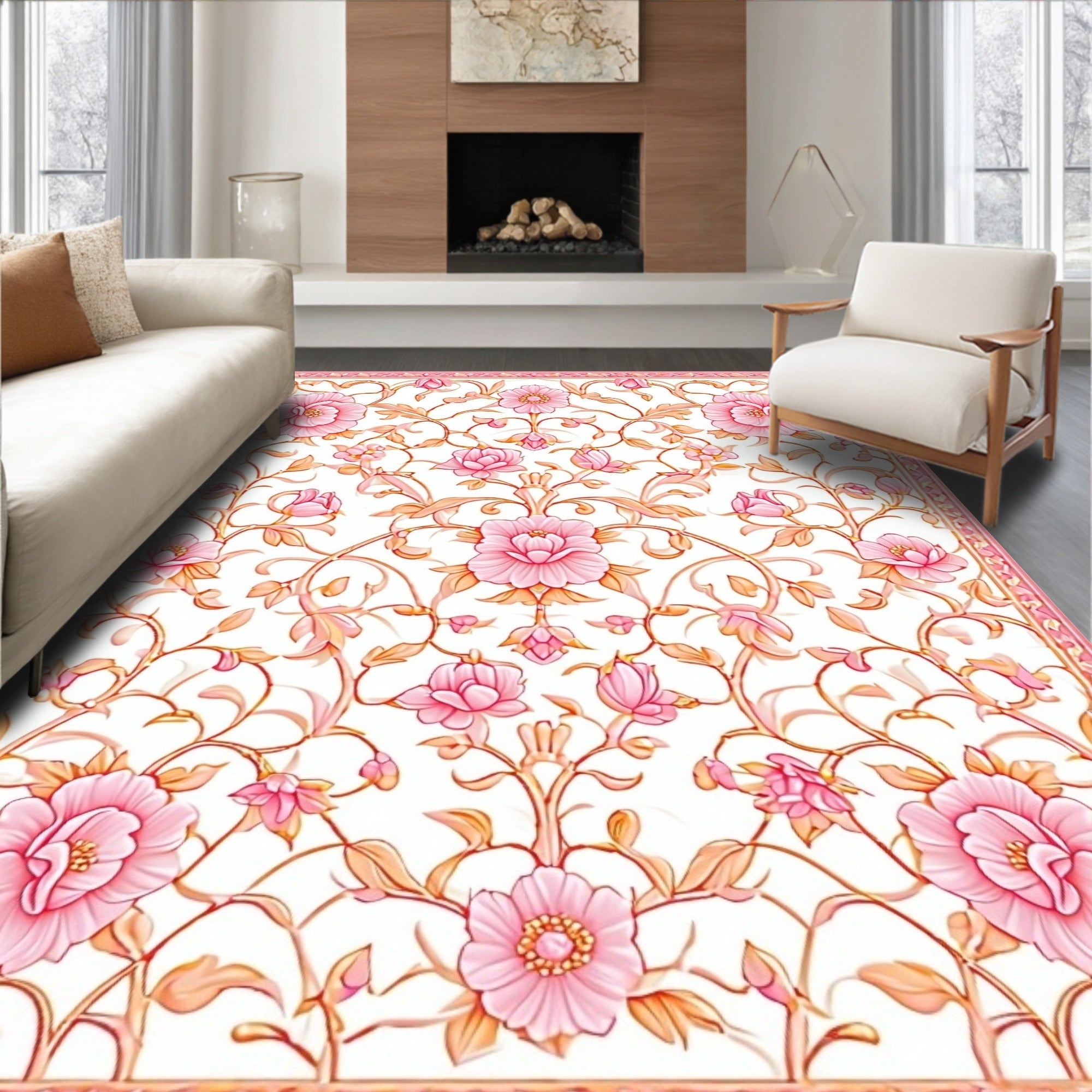 Pink Floral Vine Intricate Pattern Rug