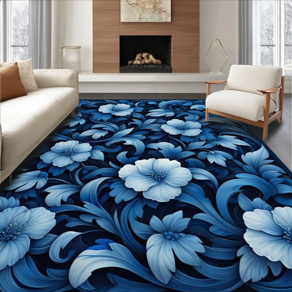 Rich Blue Floral Arrangement Pattern Rug