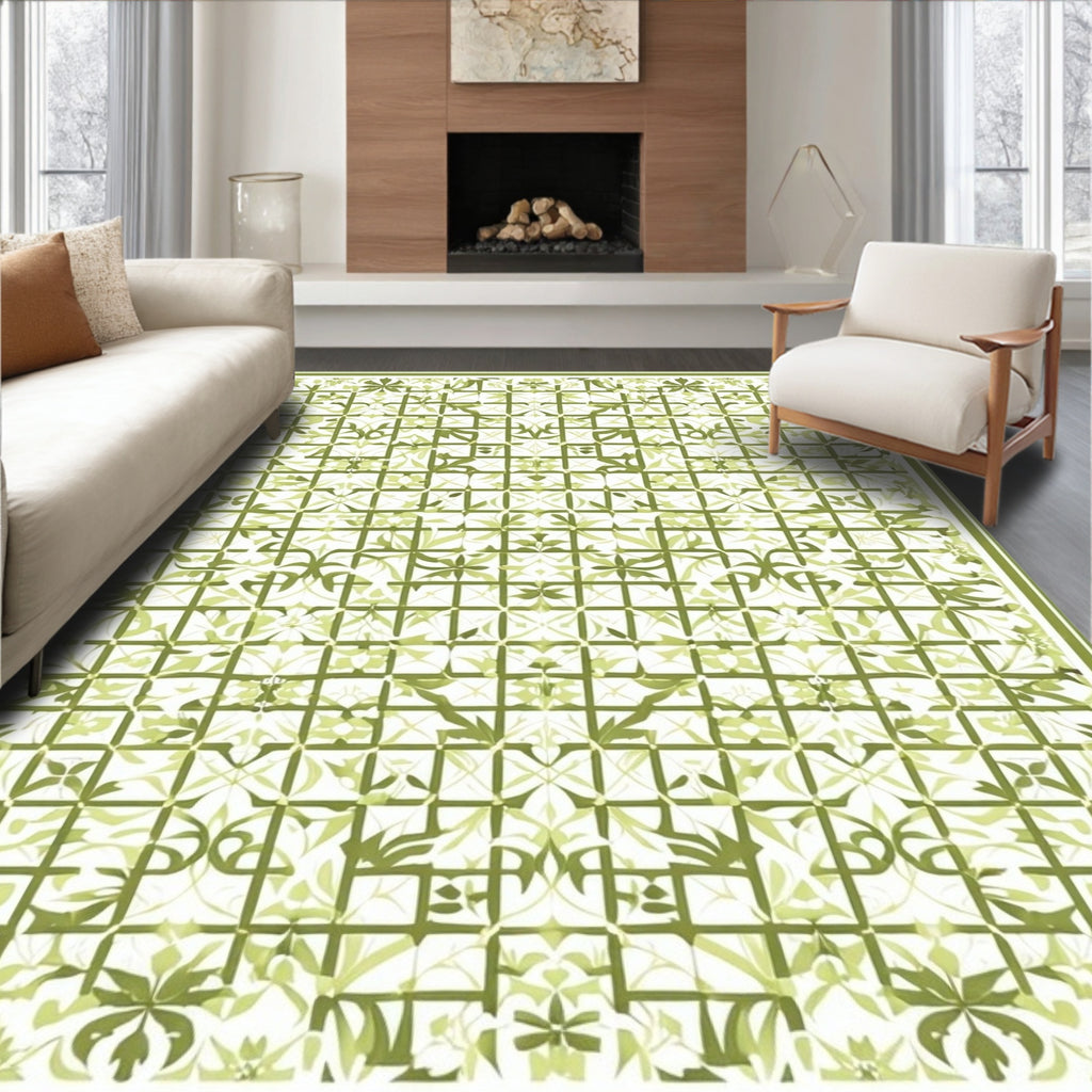 Green Leaf Floral Grid Pattern Rug