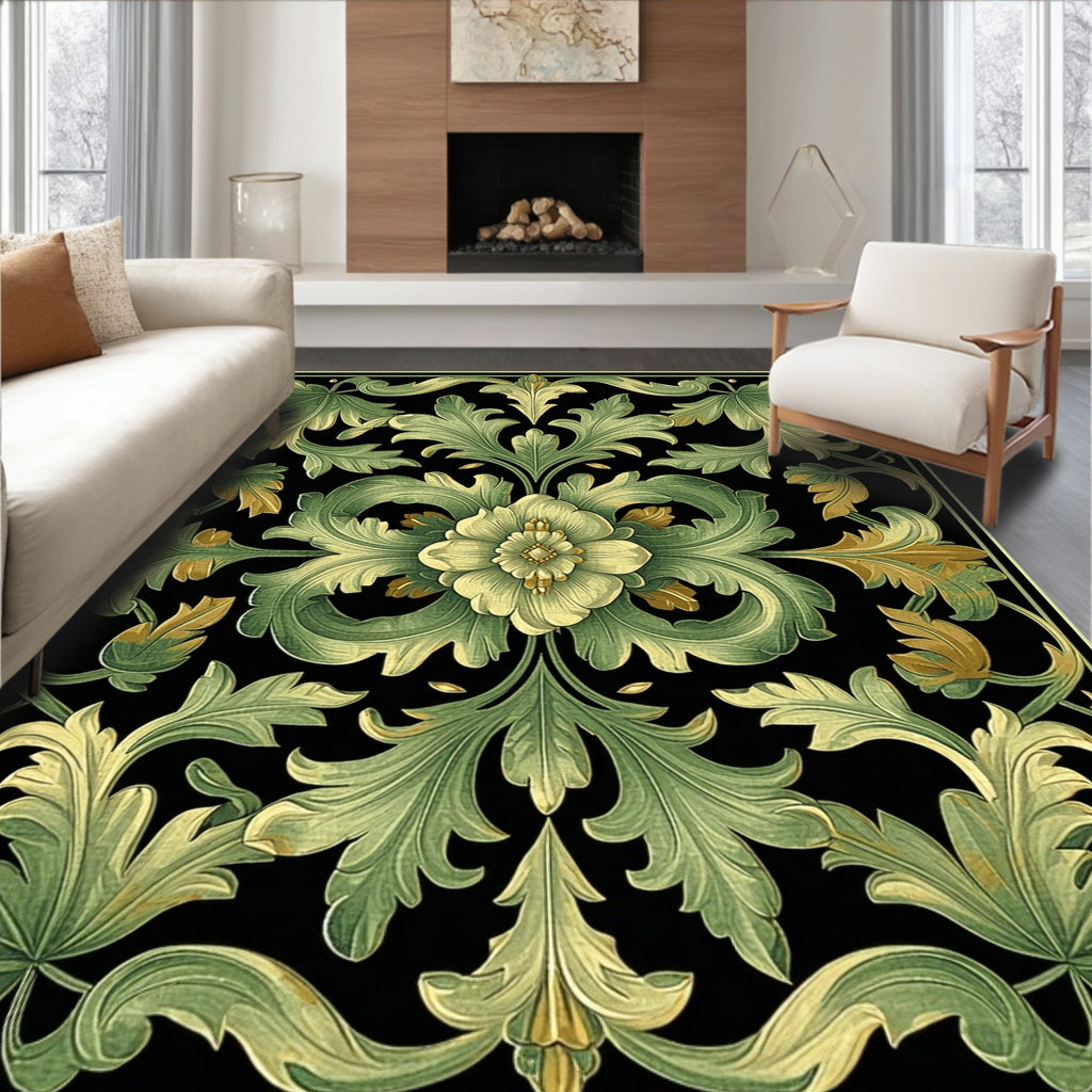 Elegant Green Floral Scroll Design Rug