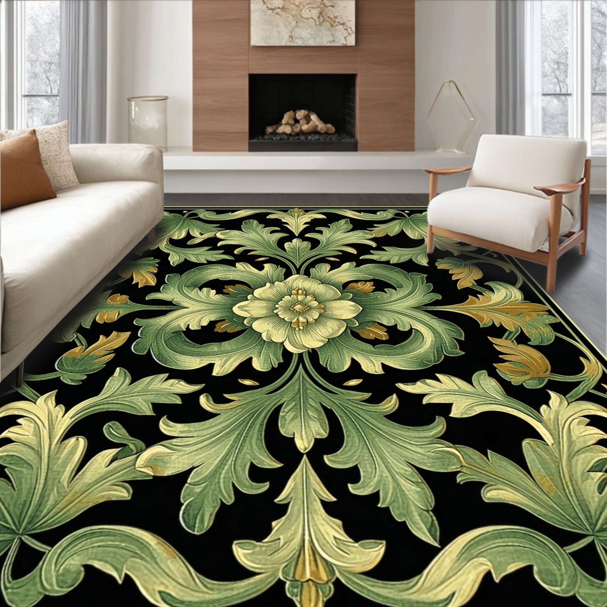 Elegant Green Floral Scroll Design Rug