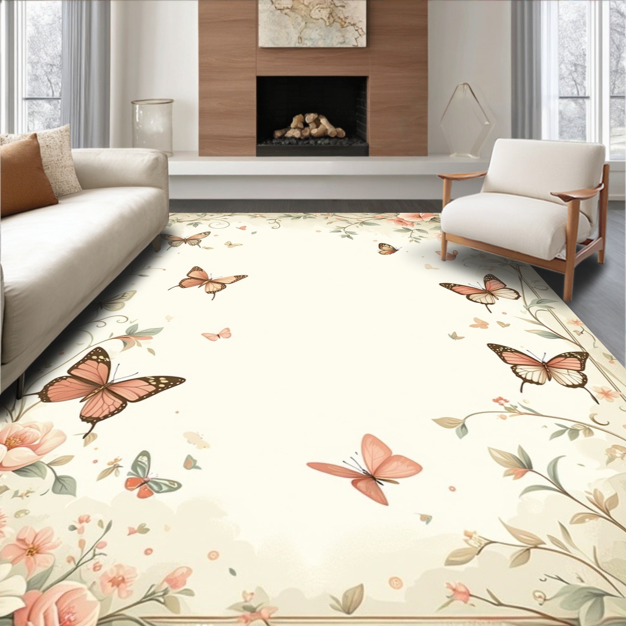 Whimsical Butterflies Floral Garden Design Rug