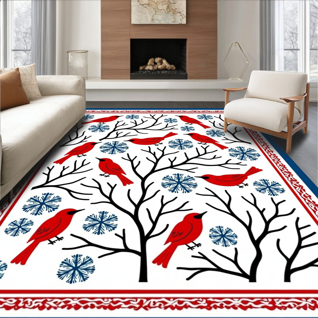Red Birds Blue Snowflakes Tree Branches Rug