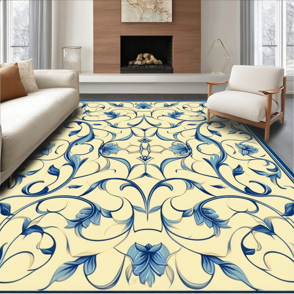 Blue Floral Swirls Pattern Design Rug