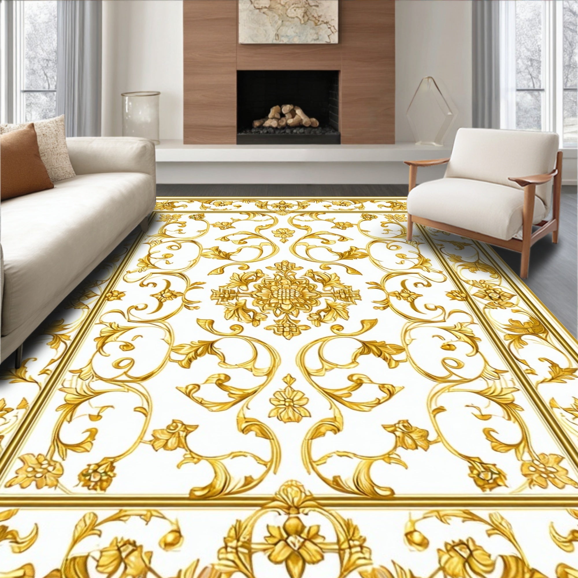 Ornate Golden Floral Medallion Rug