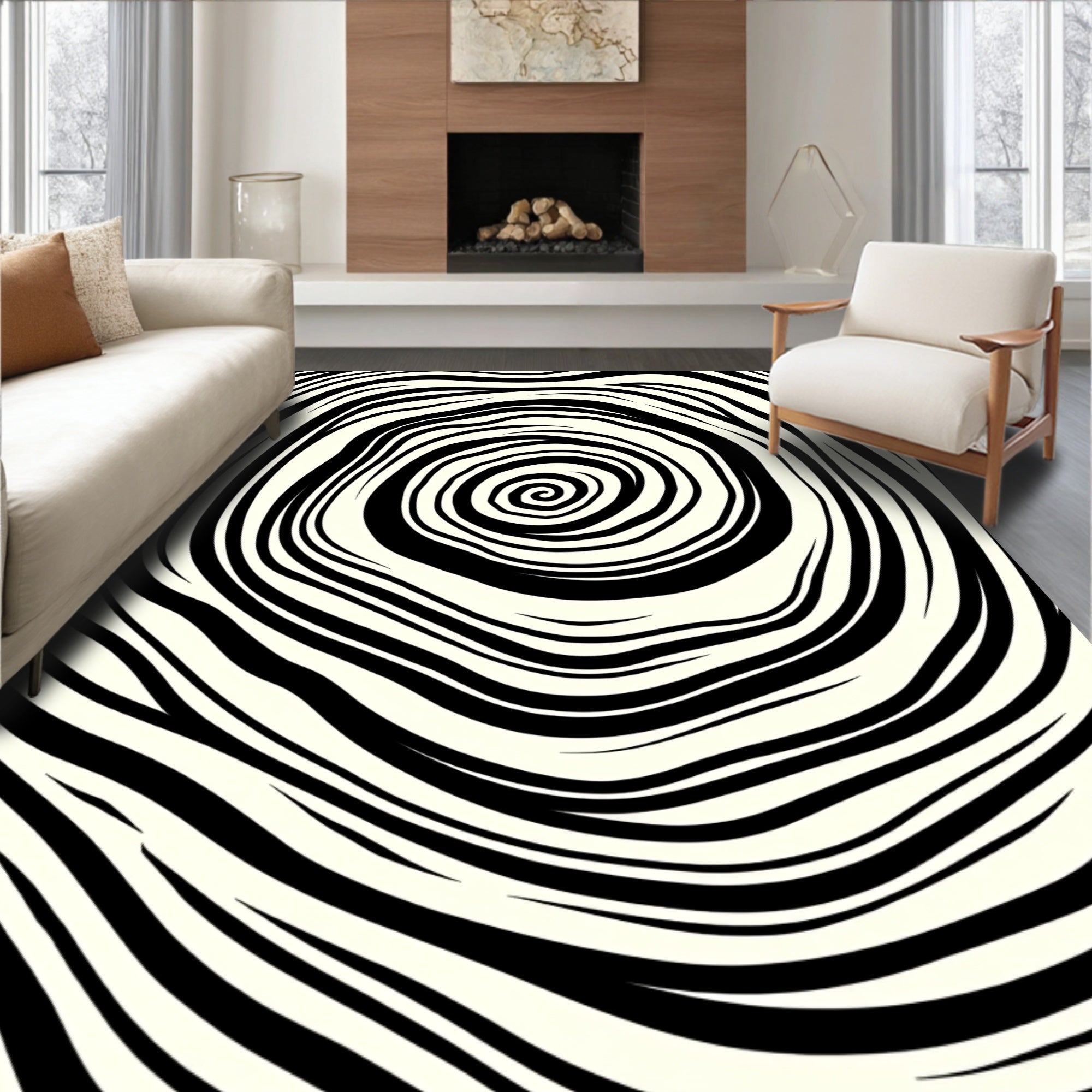 Bold Swirls Black Cream Pattern Rug