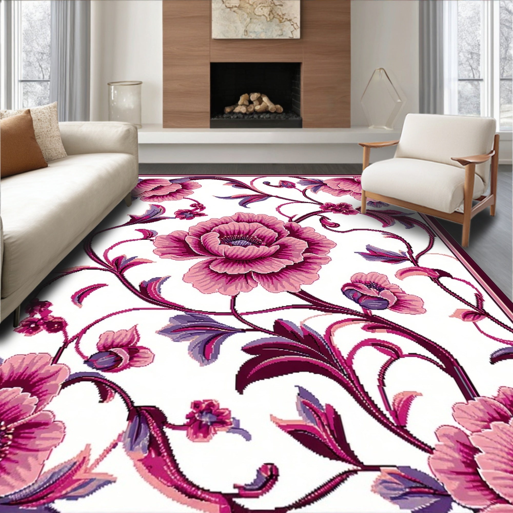 Rich Pink Floral Vines Rug