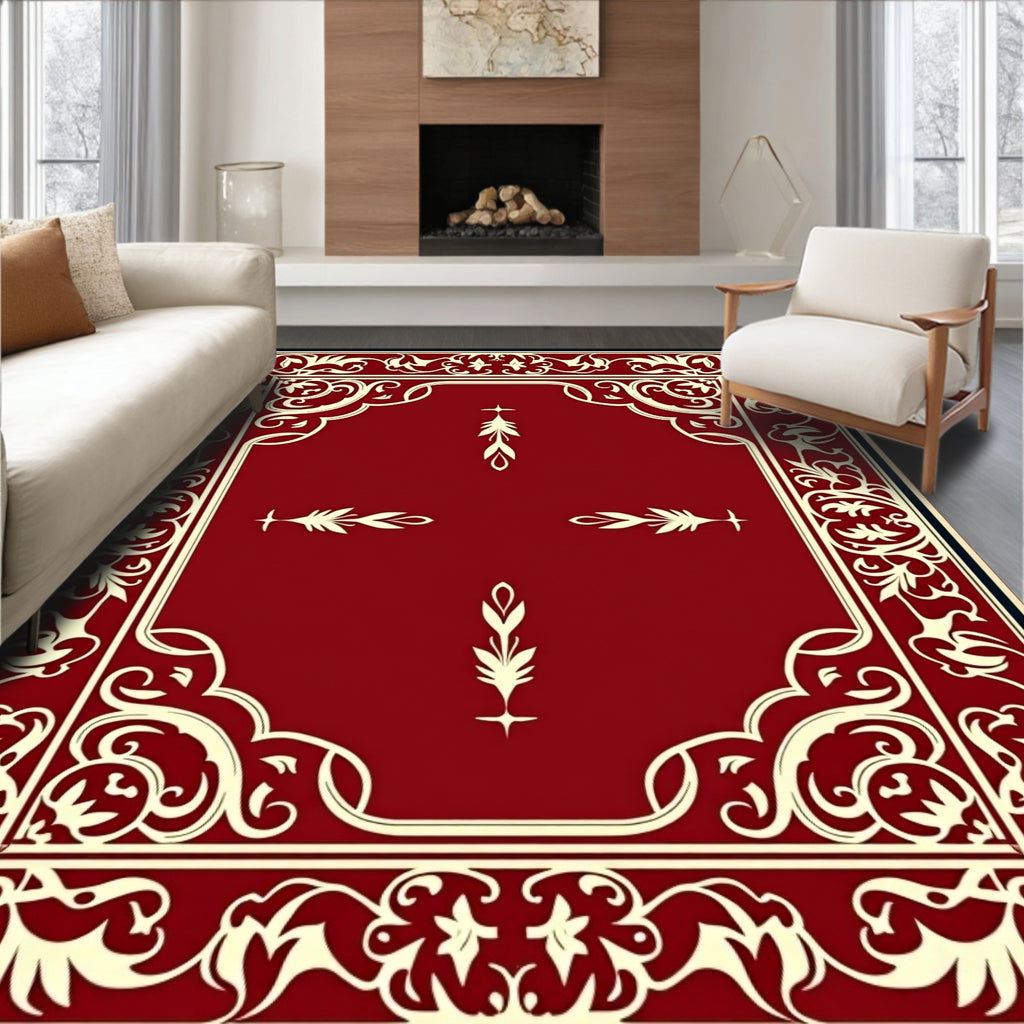 Crimson Ivory Ornate Scroll Border Rug