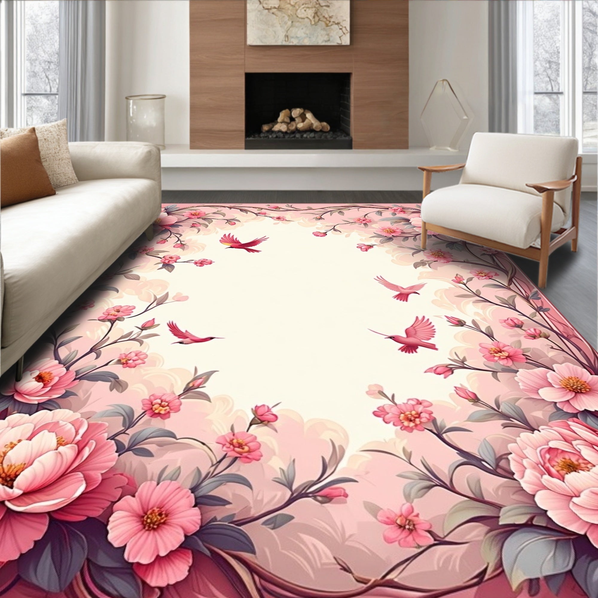Floral Birds In Pink Garden Design Rug