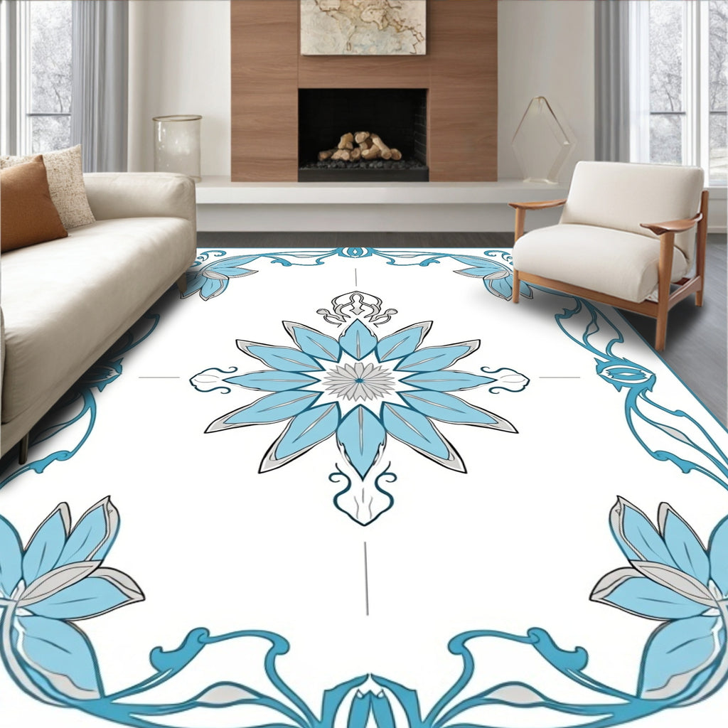 Elegant Cyan Floral Frame Rug