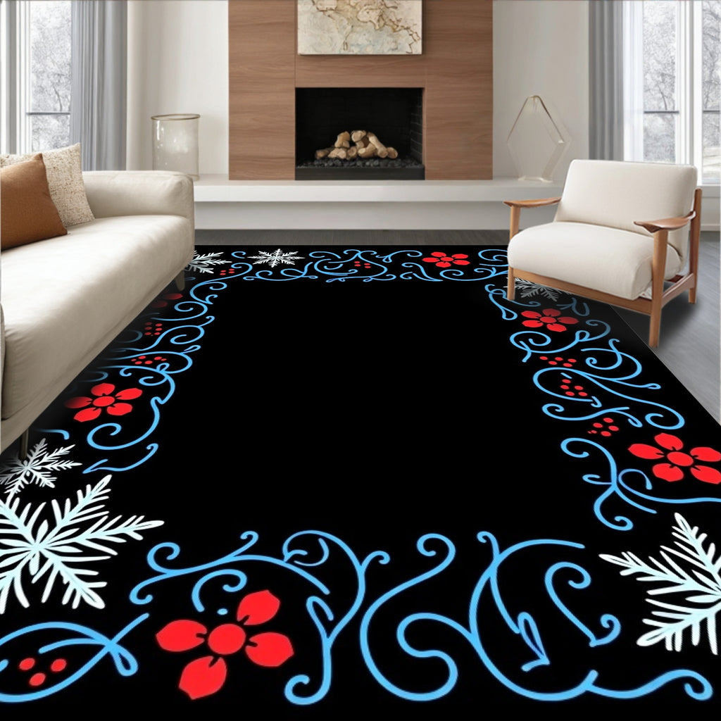 Winter Snowflake Red Floral Border Rug