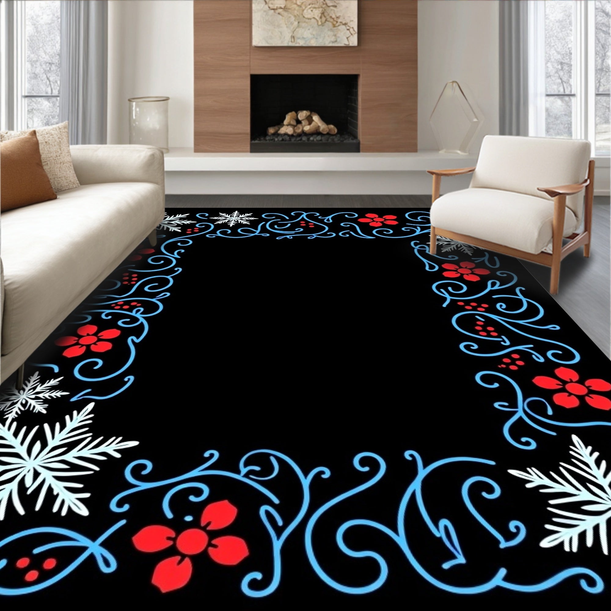 Winter Snowflake Red Floral Border Rug