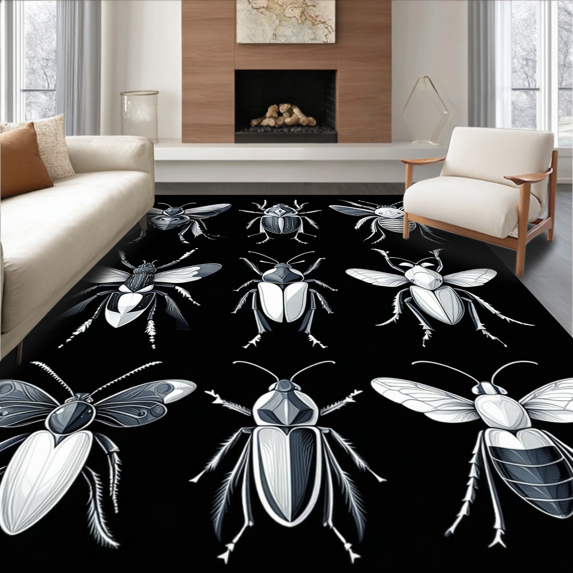 Monochromatic Insect Collection Pattern Rug