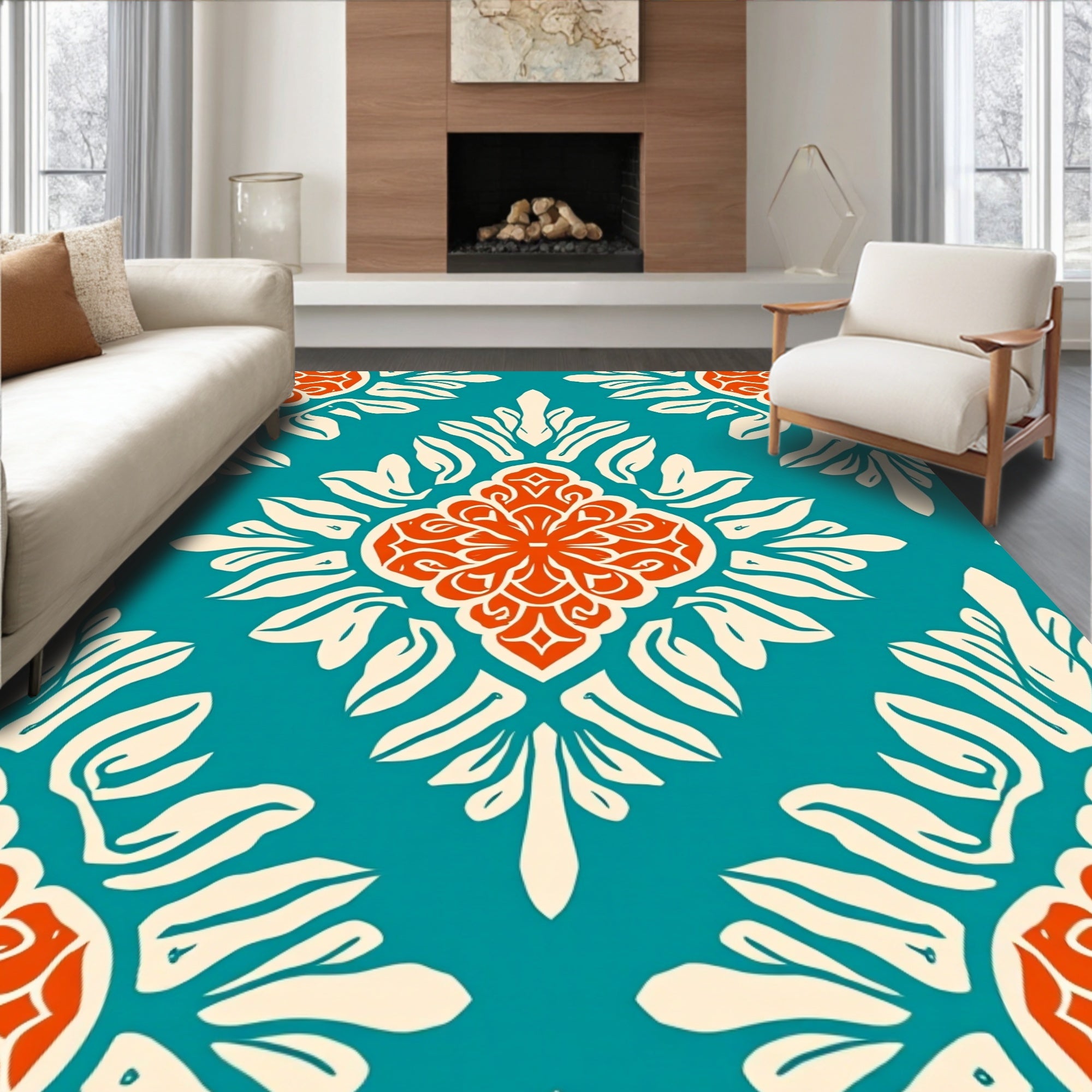 Teal Orange Floral Medallion Pattern Rug