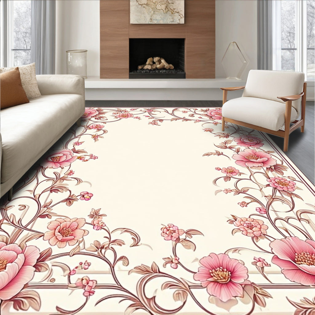 Elegant Pink Floral Vine Pattern Rug