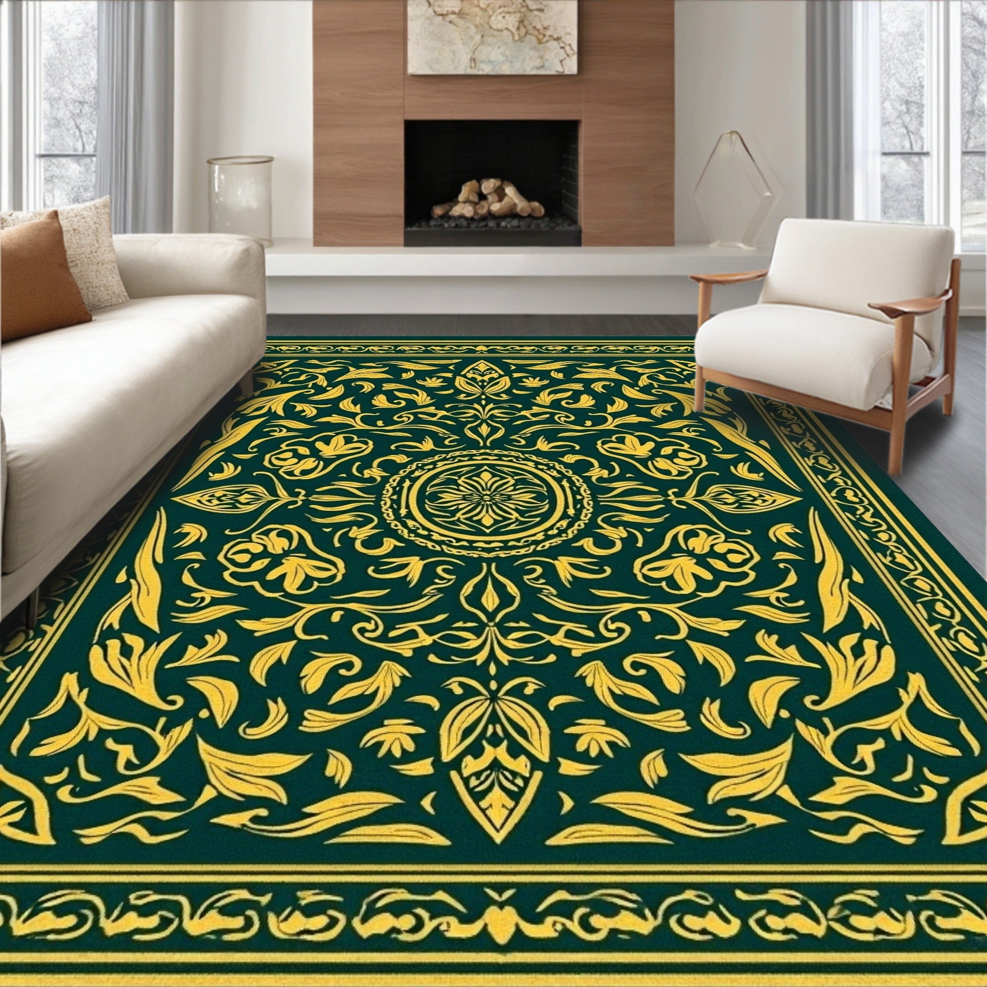 Ornate Floral Vintage Green and Gold Rug