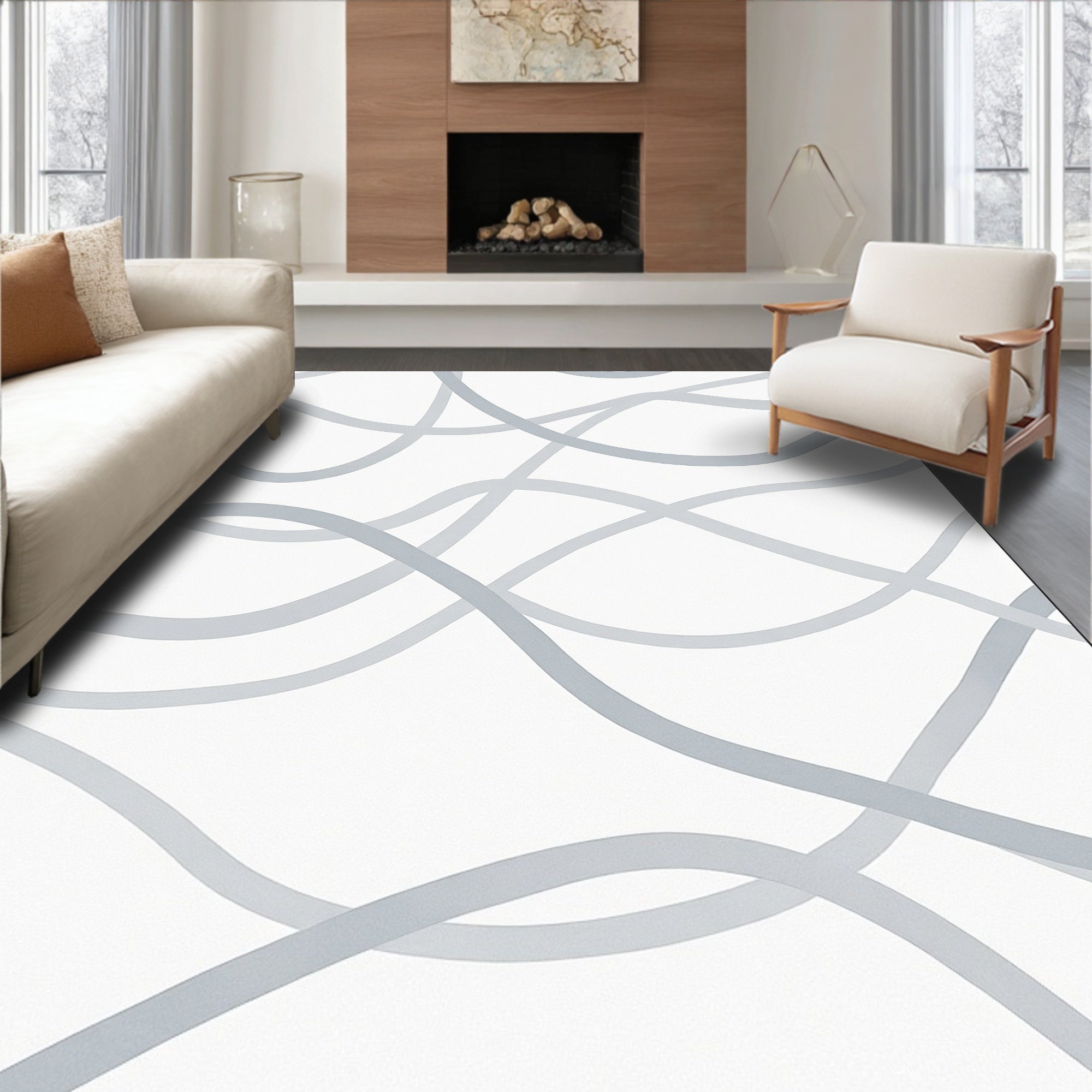 Soft Blue Curving Lines Rug
