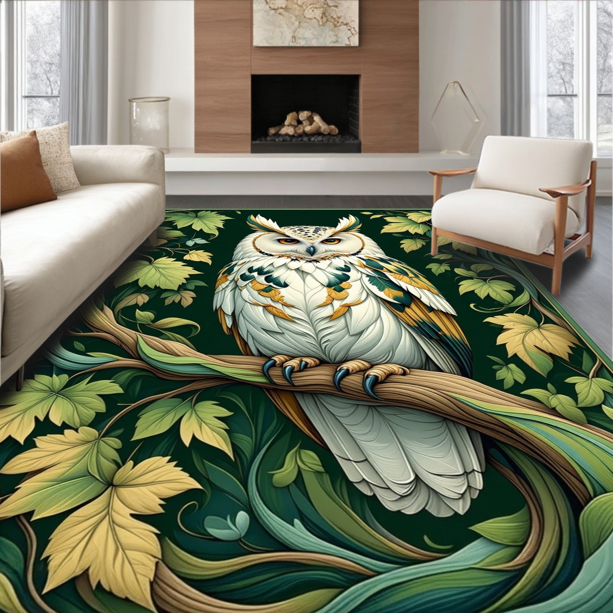 Elegant Owl Leaf Nature Pattern Rug