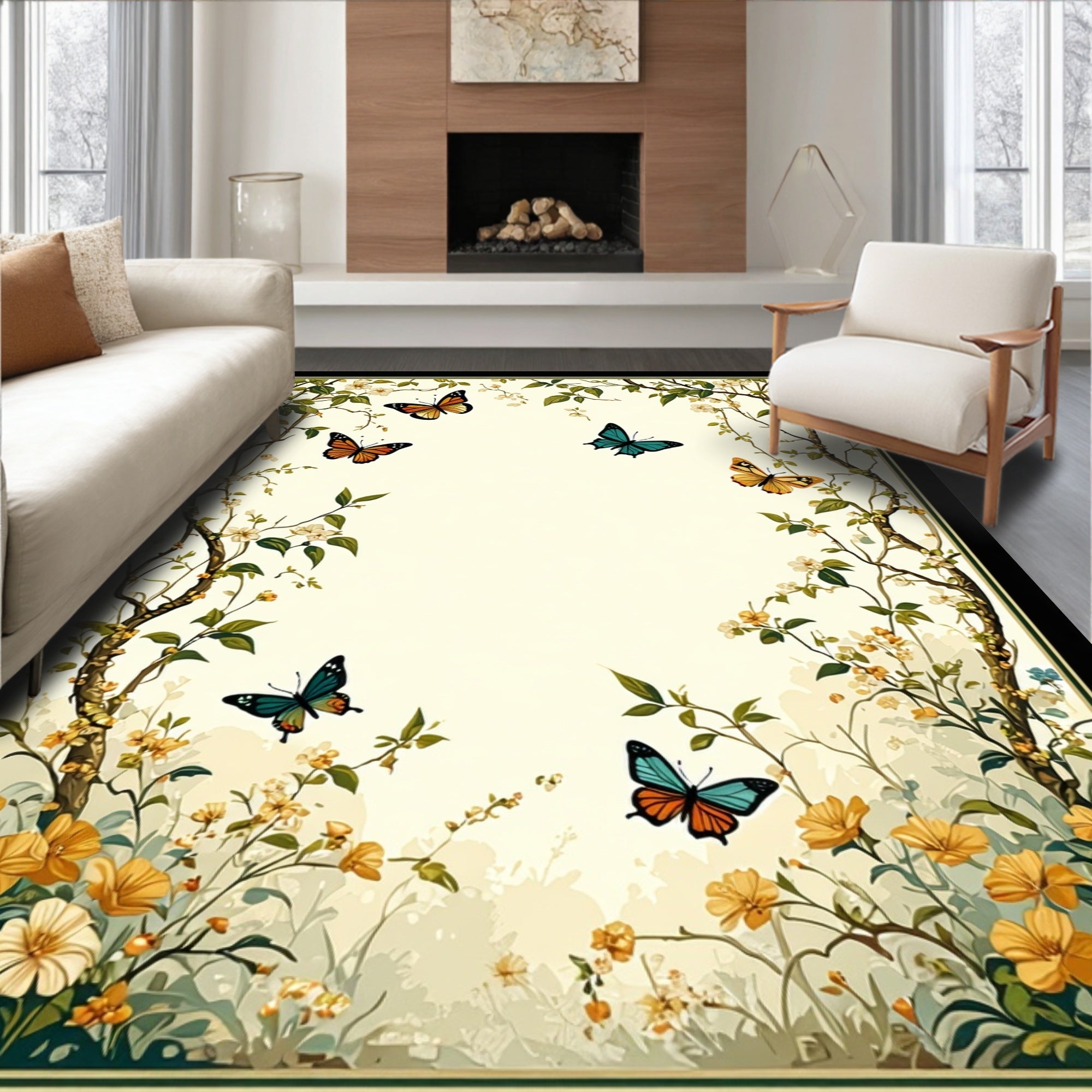 Whimsical Butterflies Blossom Nature Design Rug