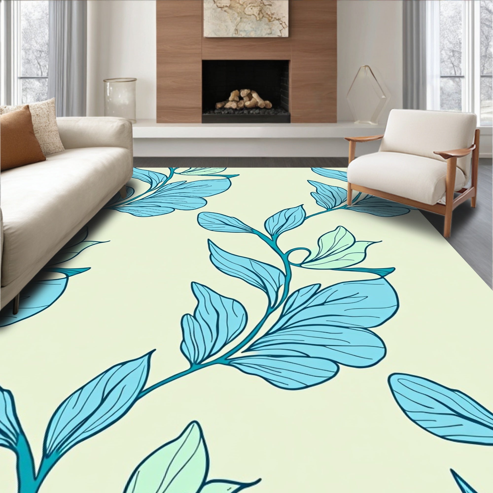 Aqua Blue Botanical Leaf Pattern Rug