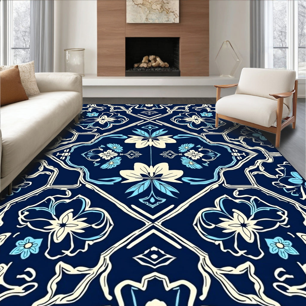 Blue Cream Floral Overlay Pattern Rug