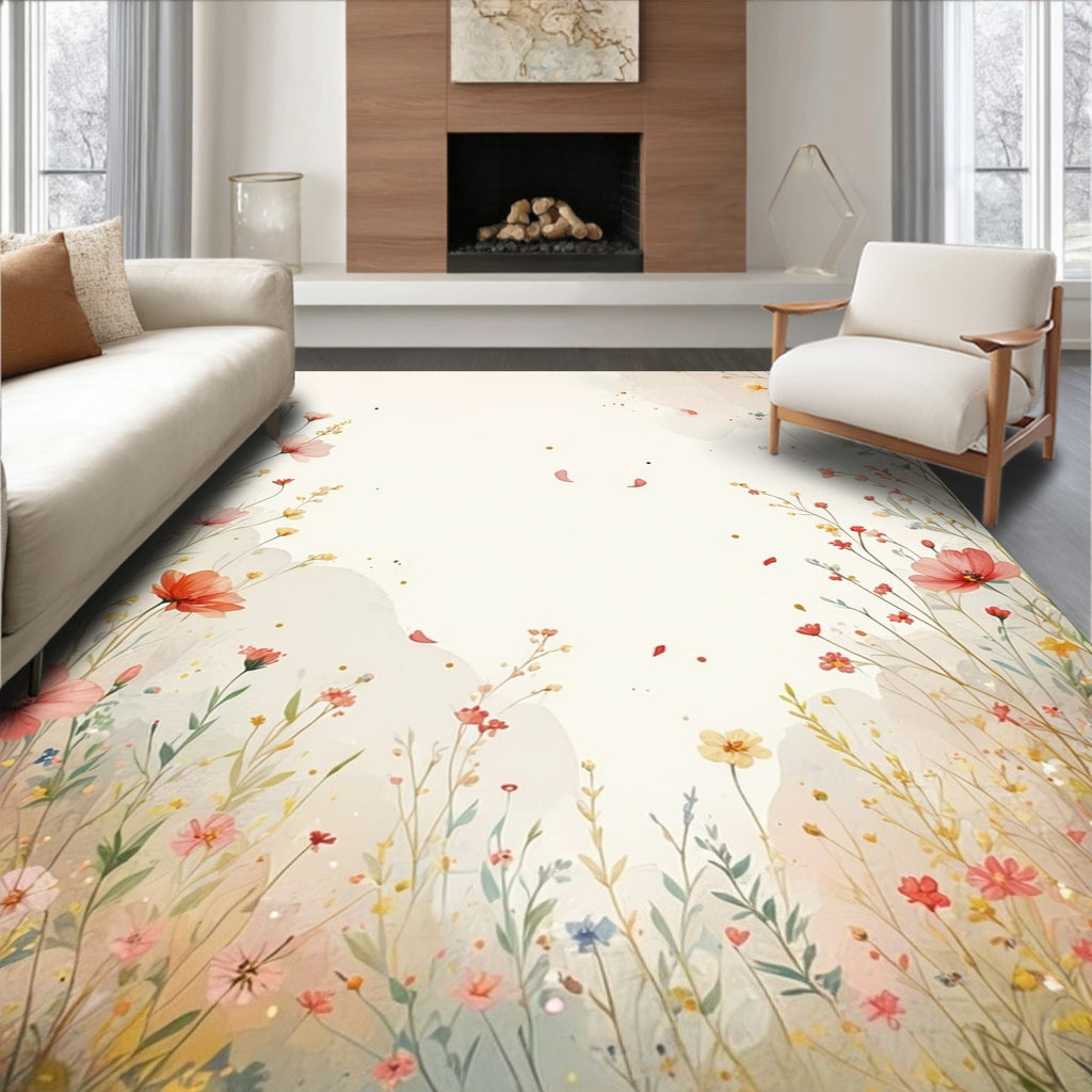 Pastel Meadow Wildflower Watercolor Design Rug