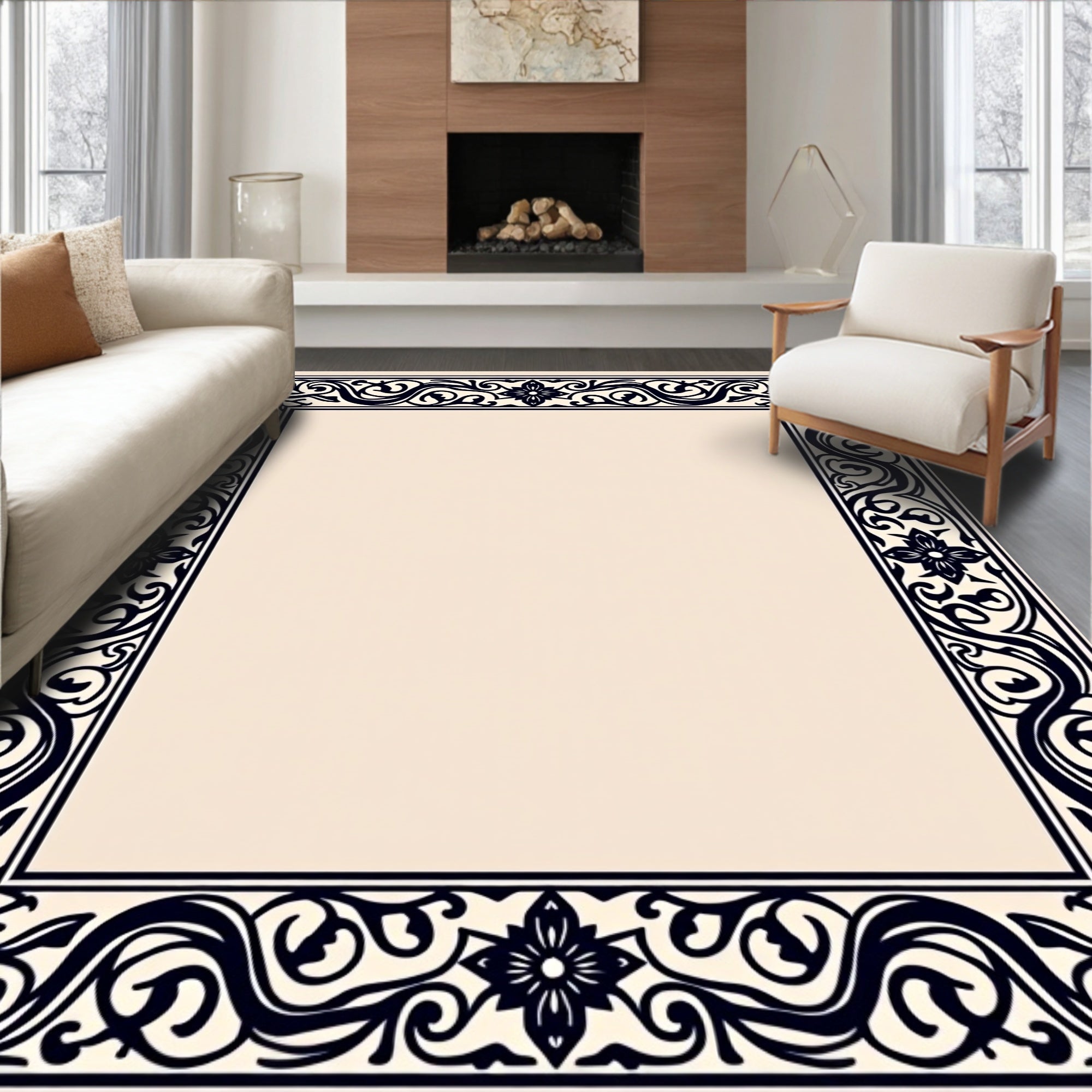 Ornate Floral Scrollwork Border Design Rug