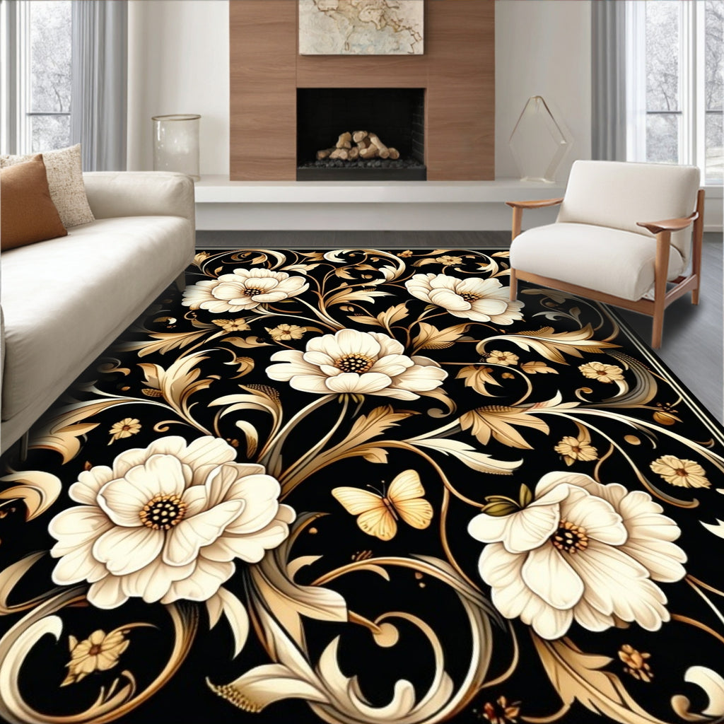 Elegant Floral Scrollwork With Butterfly Accent Rug