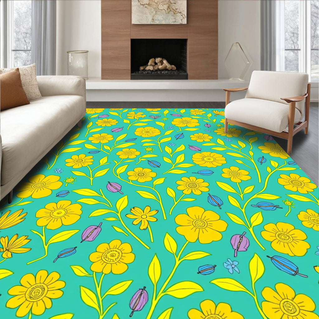 Retro Yellow Floral Print Rug