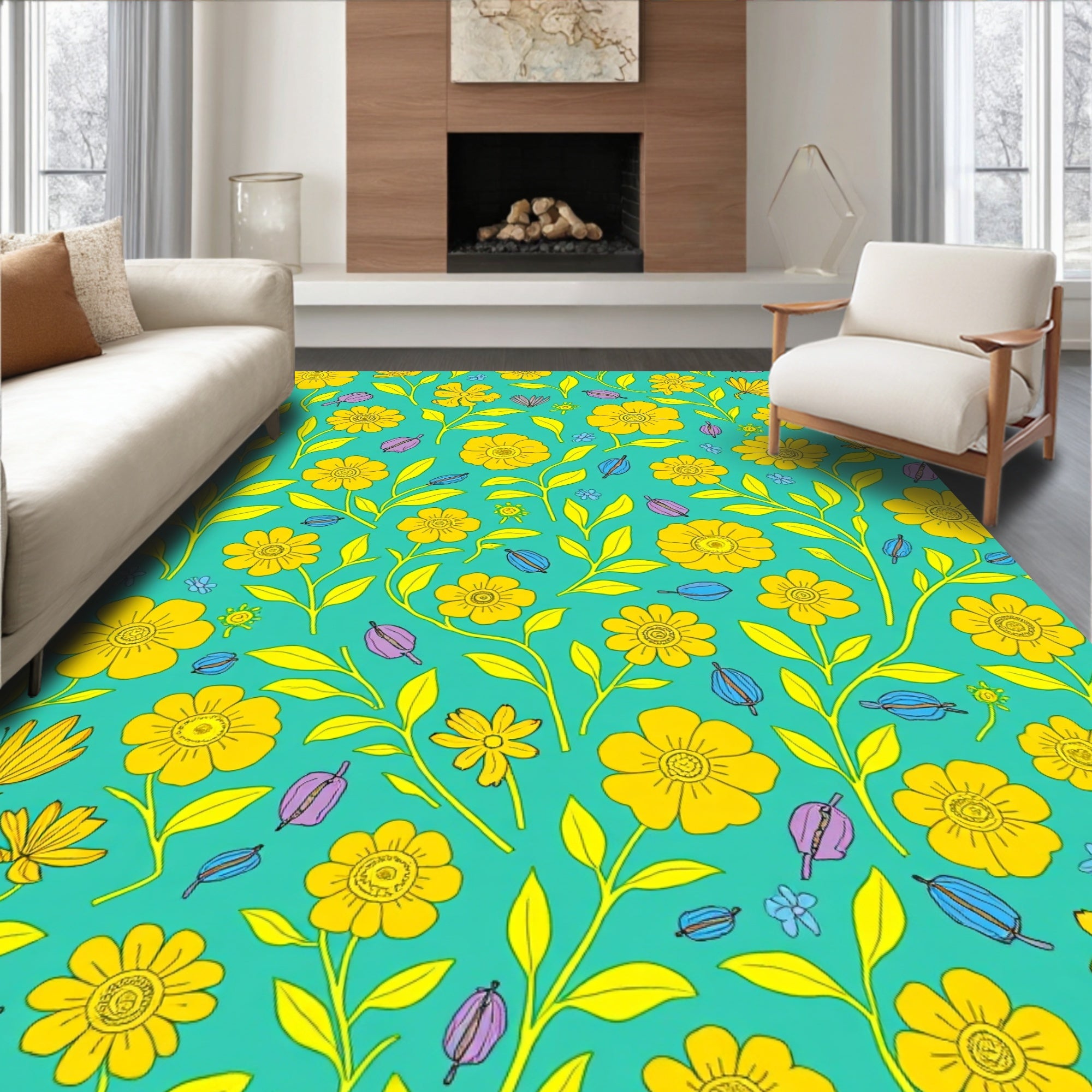 Retro Yellow Floral Print Rug