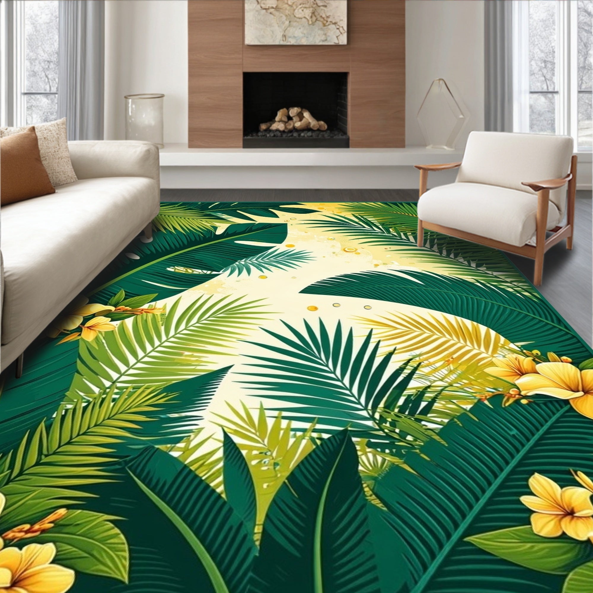 Lush Tropical Foliage Floral Pattern Rug
