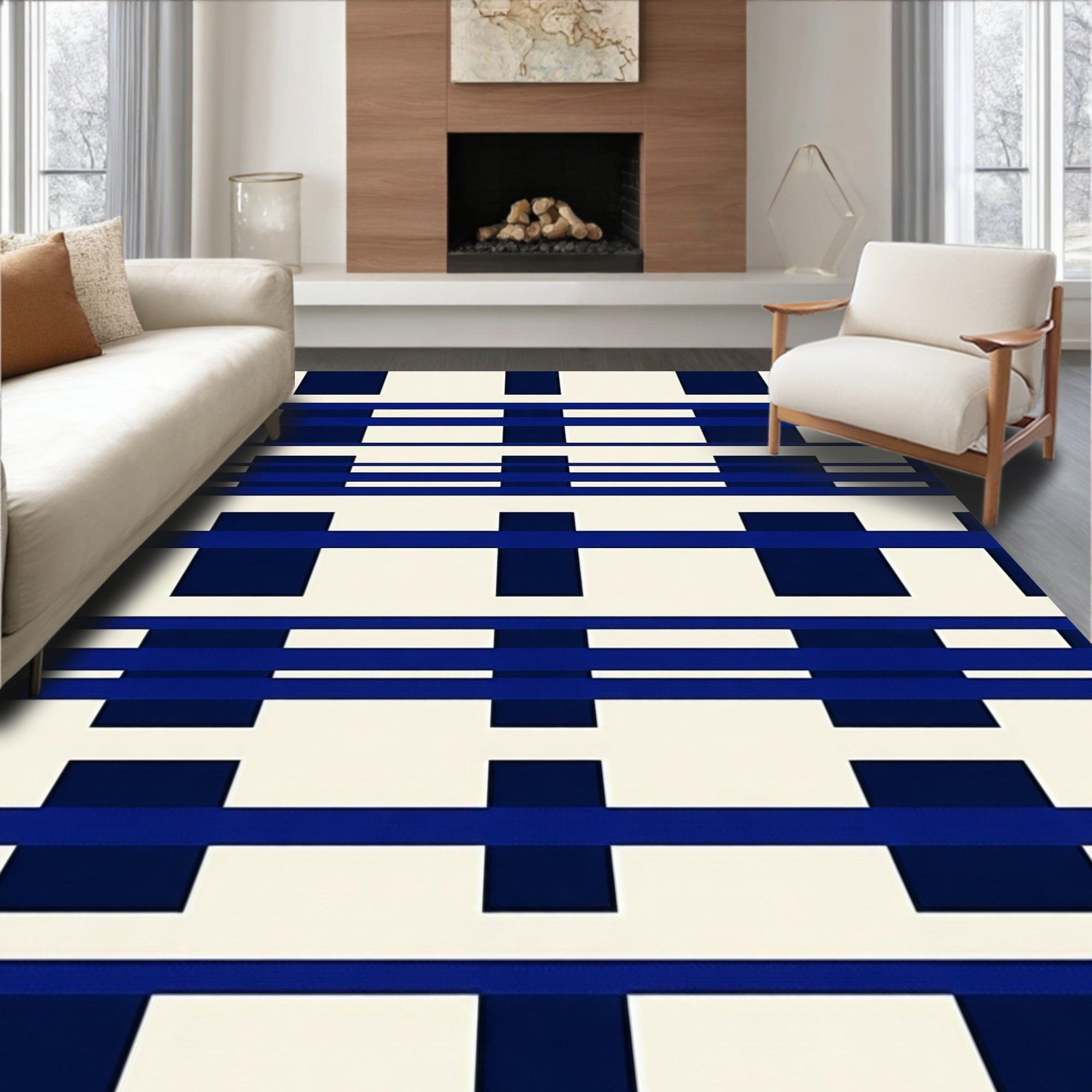 Deep Blue Grid Pattern Rug