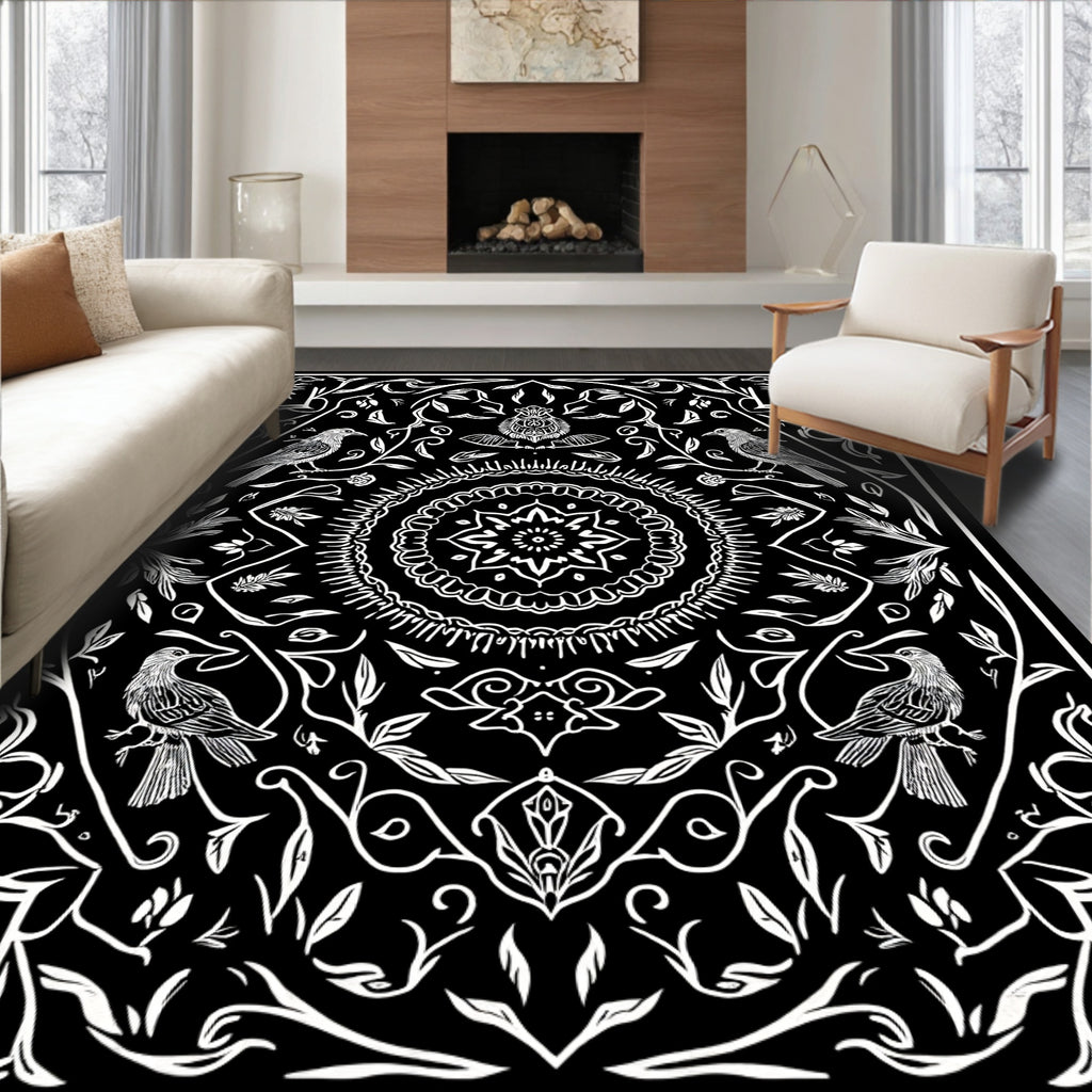 Black White Nature Bird Mandala Pattern Rug