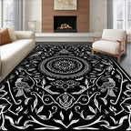 Black White Nature Bird Mandala Pattern Rug