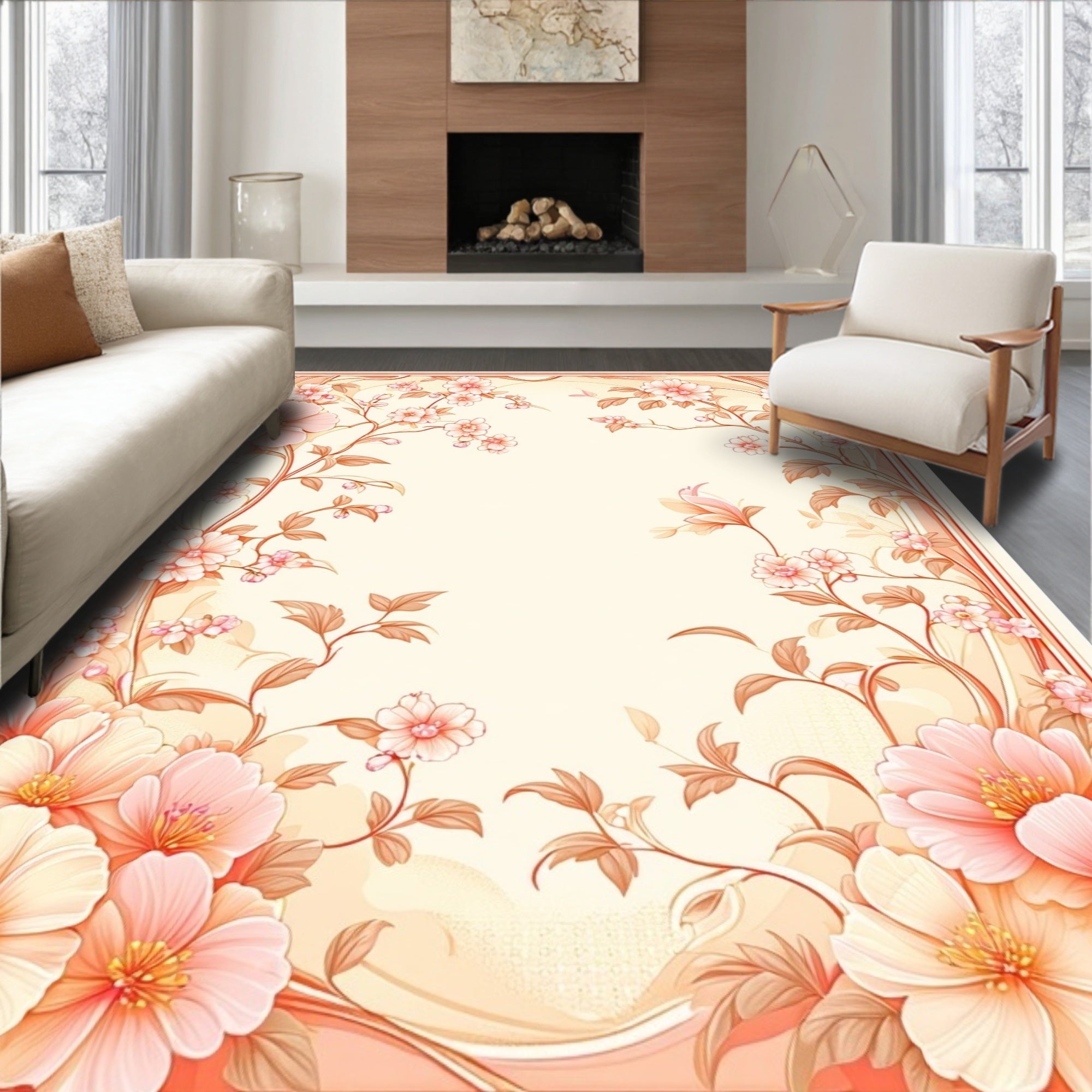 Soft Floral Vine Pattern Border Rug