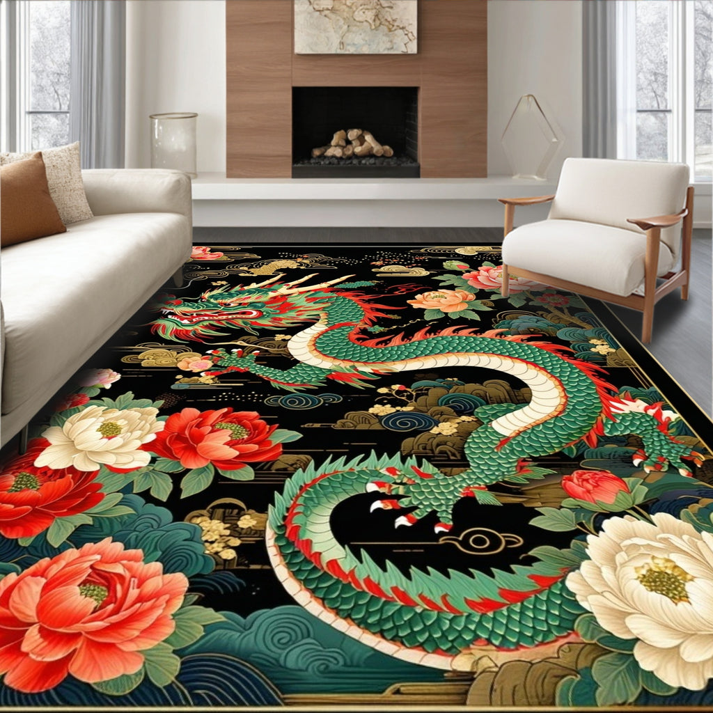Vibrant Dragon with Peony Floral Pattern Rug